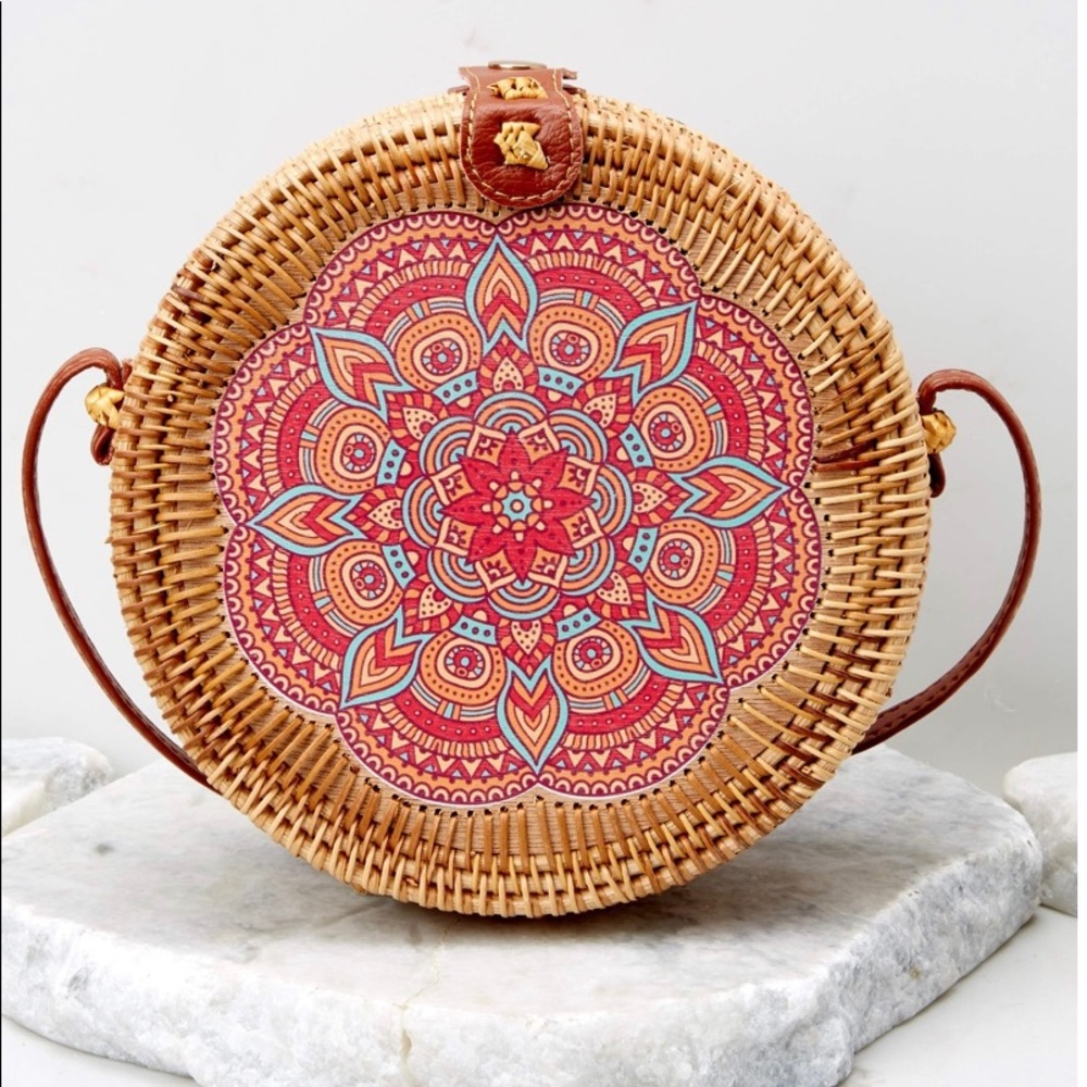 Printed tan round bag